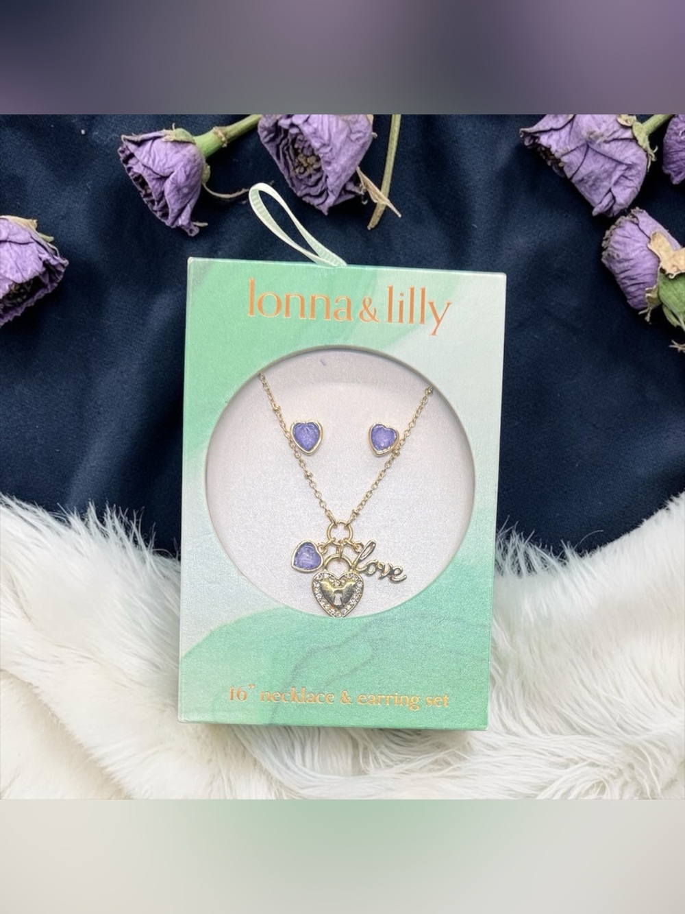 💜lONNA & LILLY💜Gold-Tone Necklace & Earring Set with Purple Heart Accents/NWT